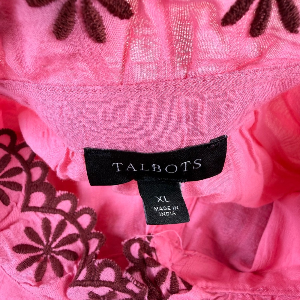 Talbots Pink Cotton Embroidered Eyelet Collar Blouse XL Long Sleeve Smocked Cuff - Picture 5 of 8